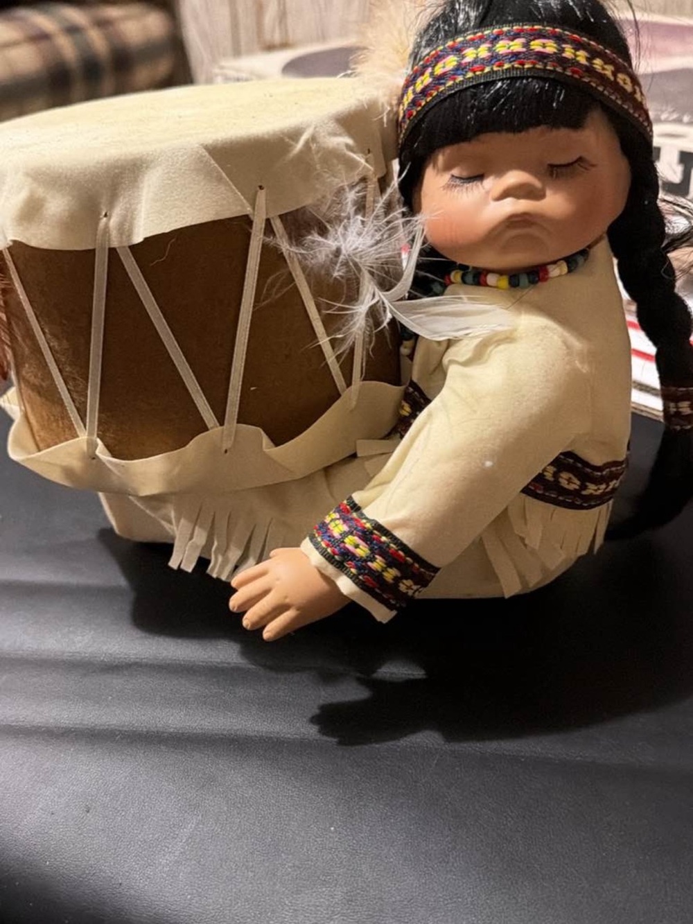 Handcrafted Cream Native-Inspired Doll with Drum - collectors edition